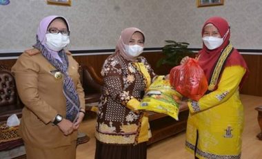 Ketua Dekranasda Kabupaten Lampung Tengah Mardiana Musa Ahmad Menyerahkan Tali Asih Kepada Pengrajin Kabupaten Lampung Tengah